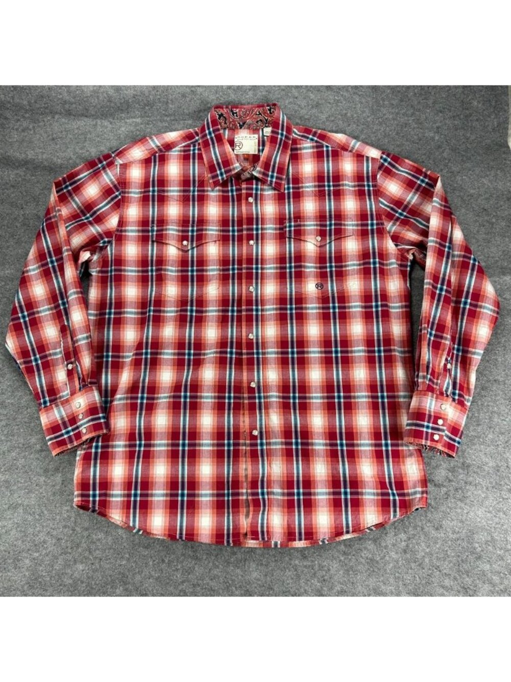 Roper Shirt‎ Mens L Red Blue Check Plaid Cotton Long Sleeve Pearl Snap Western
